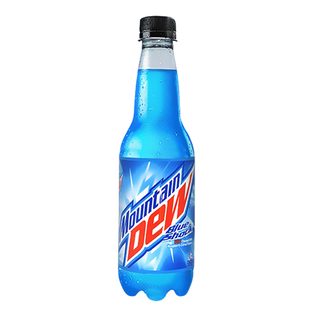 Mountain Dew Blue Shock 400ml bottle with vibrant blue color and logo displayed against a white background.