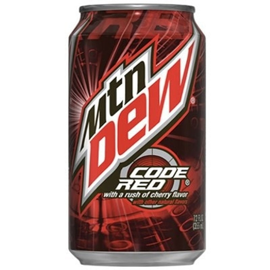 Mountain Dew Code Red Soda 355ml can with bold red and black design featuring cherry flavor burst.