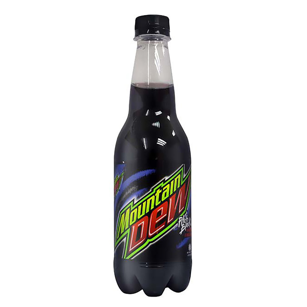 400ml Mountain Dew Pitch Black soda bottle showing dark beverage and colorful branding.