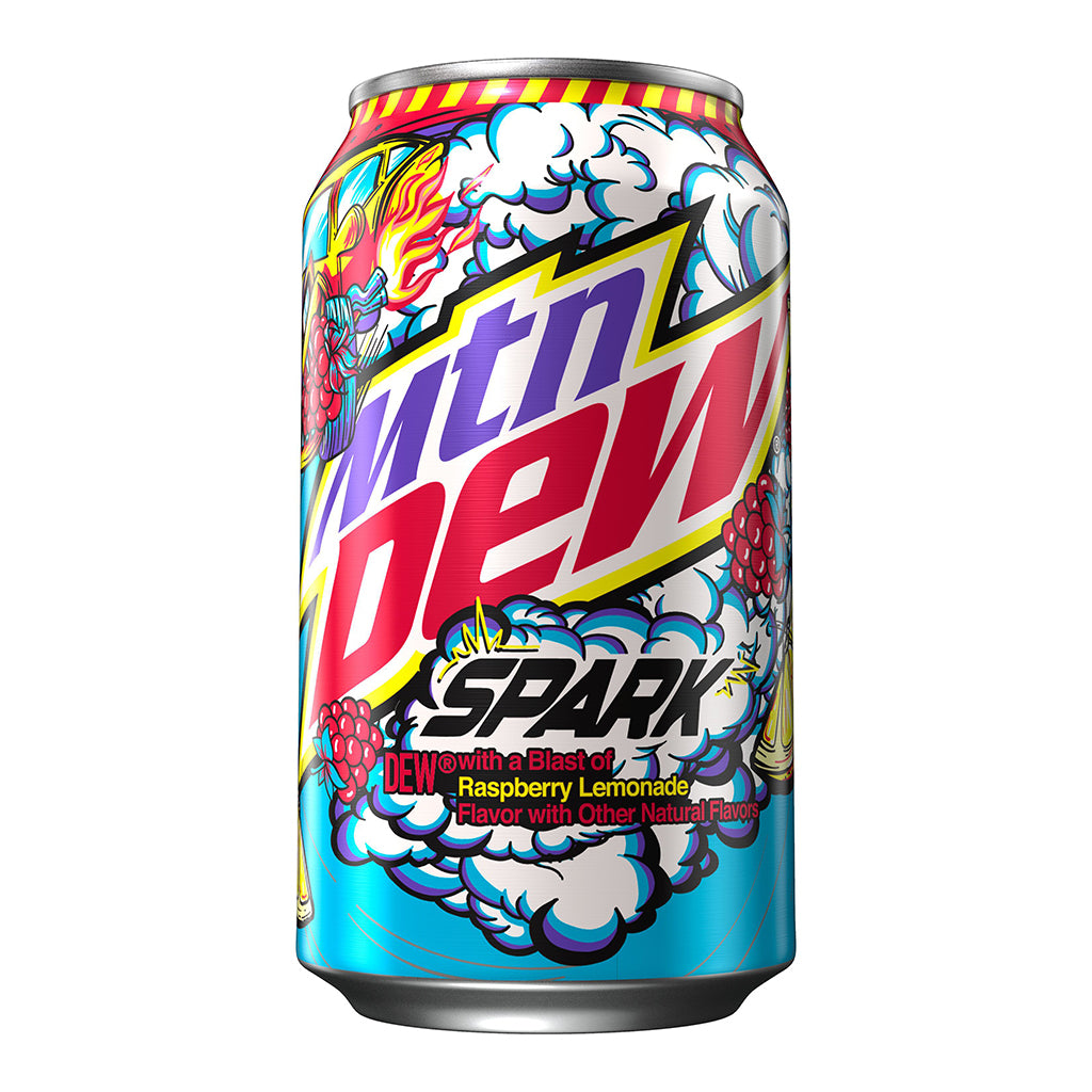 A vibrant 355ml can of Mountain Dew Spark with a colorful design, featuring raspberry lemonade flavor text and graphics.