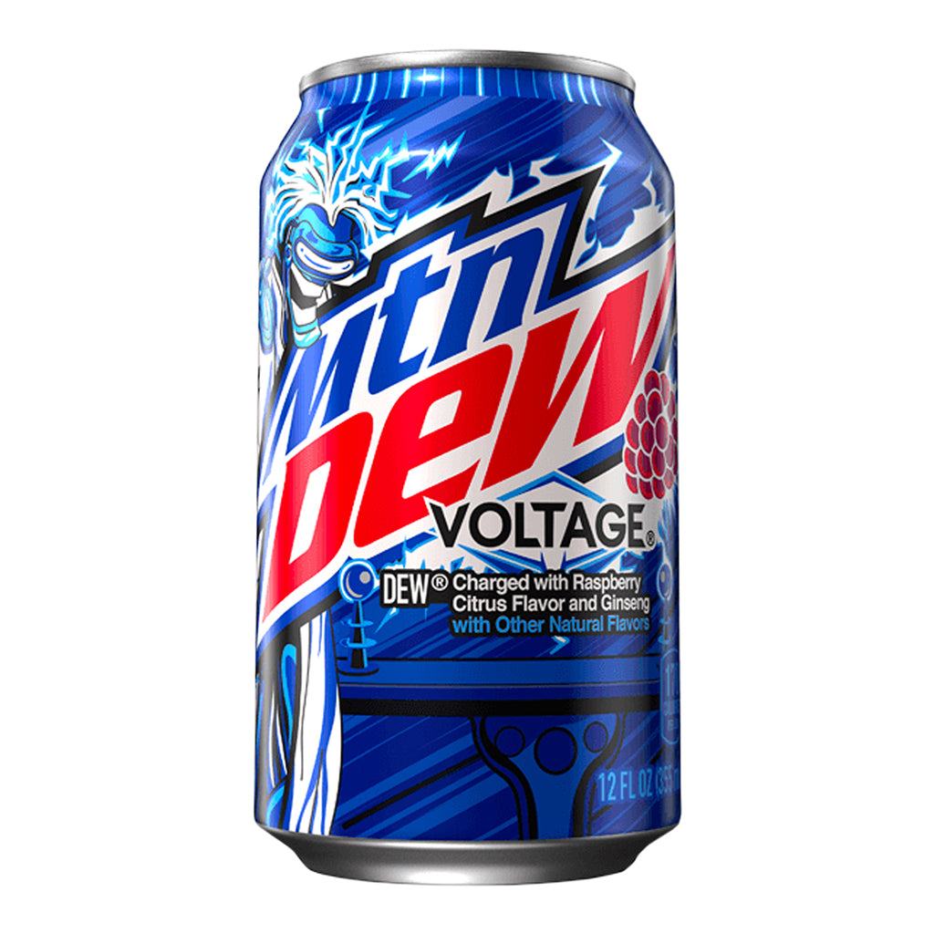 Blue and red Mountain Dew Voltage soda 355ml can with raspberry citrus flavor and ginseng.