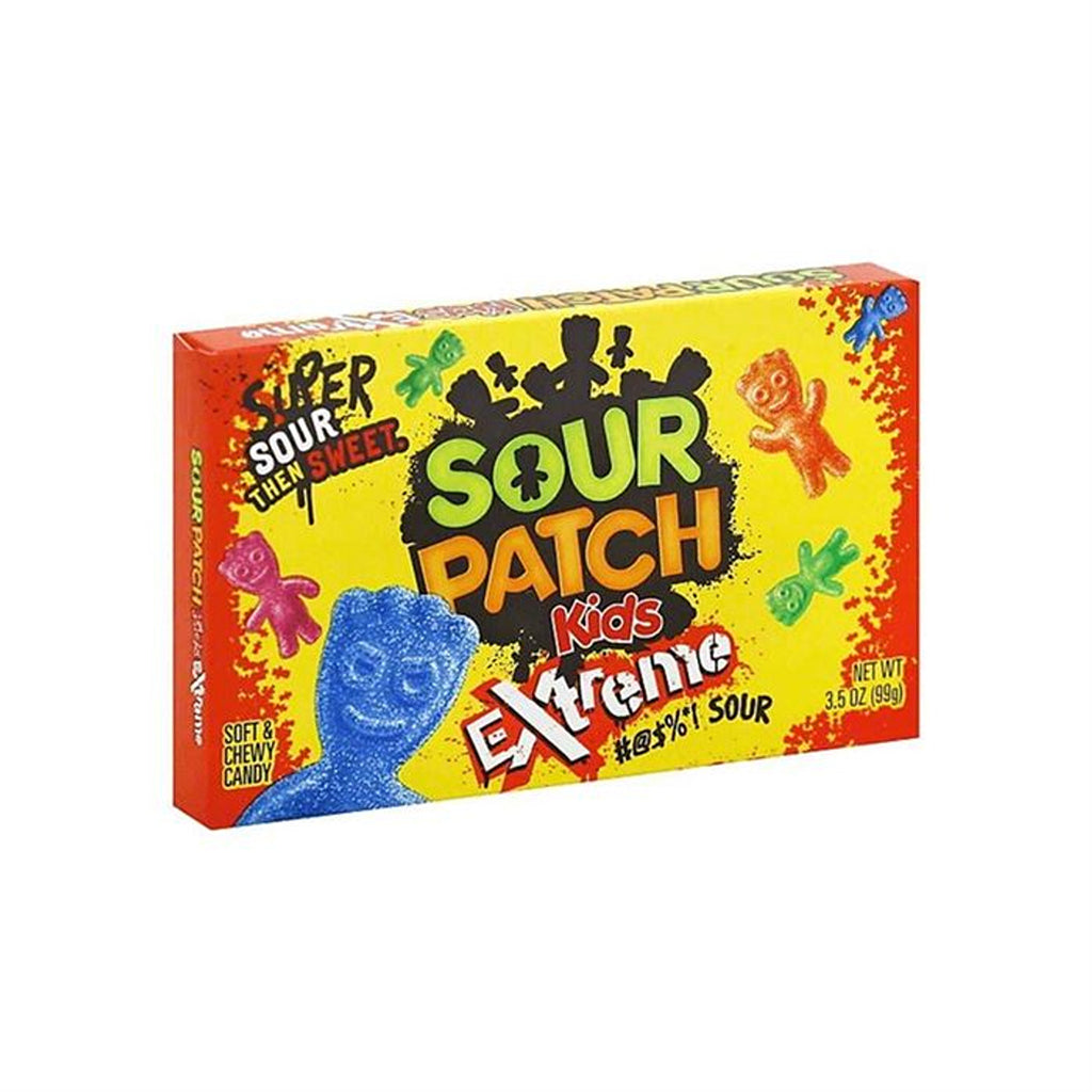Box of Sour Patch Kids Extreme Candy 3.5oz with vibrant graphics indicating super sour then sweet flavor.