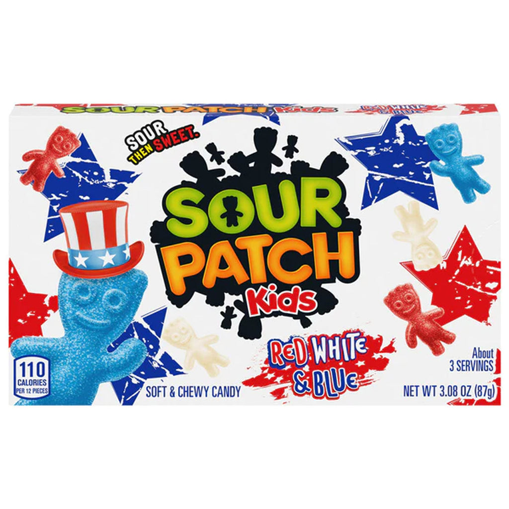 Sour Patch Kids Red White & Blue themed candy box featuring soft and chewy candy in patriotic colors, 87g weight indication, and playful candy character illustrations.