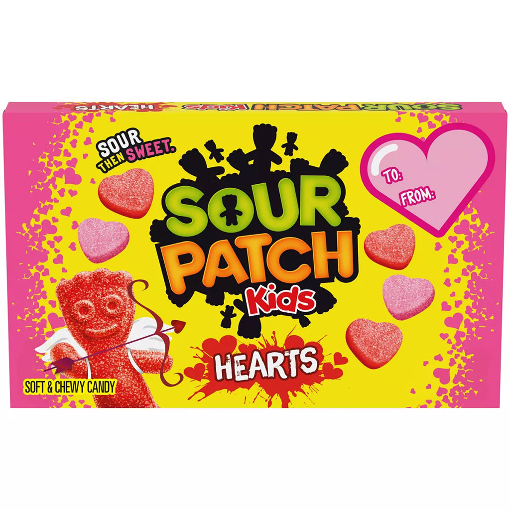 Sour Patch Kids Valentine's Hearts Theater Box candy packaging with soft and chewy heart-shaped gummies, perfect for gifting with a to/from sign on a vibrant pink and yellow background.
