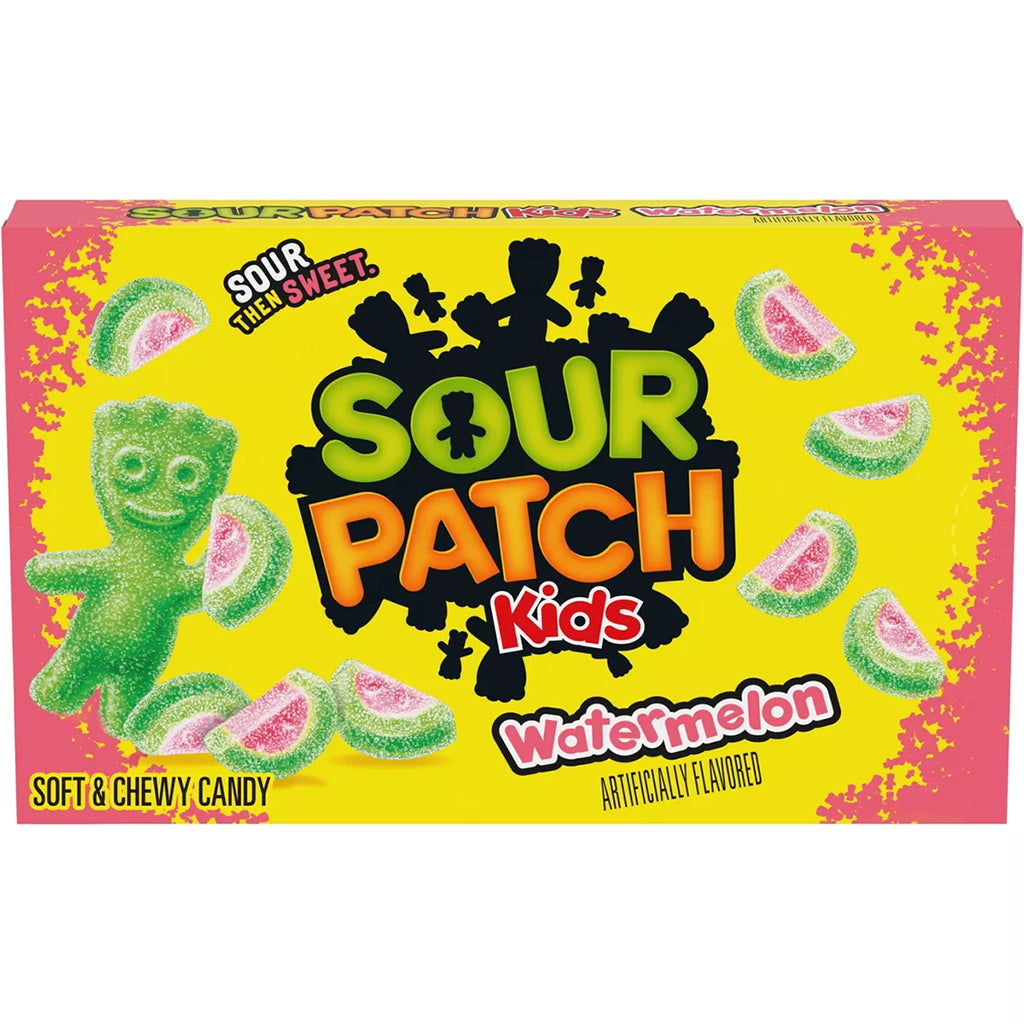 Sour Patch Kids Watermelon flavor packaging showing soft and chewy candy with vibrant yellow background and iconic green character.