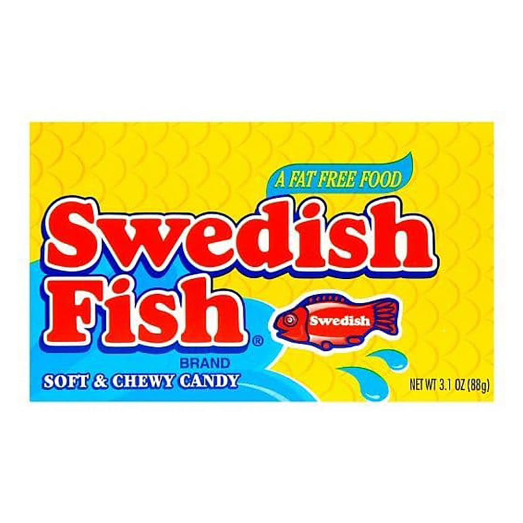 Swedish Fish brand 3.1 oz package of soft and chewy candy displayed on a vibrant yellow and blue background with logo and a depiction of a red fish-shaped candy.