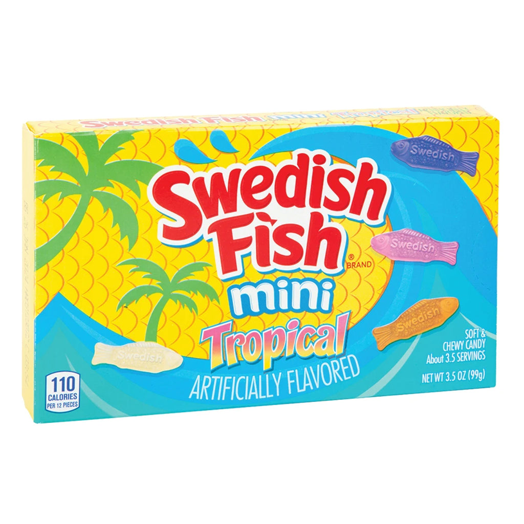 Swedish Fish Mini Tropical flavored candy package, 3.5 oz box with pineapple design and brand logo.