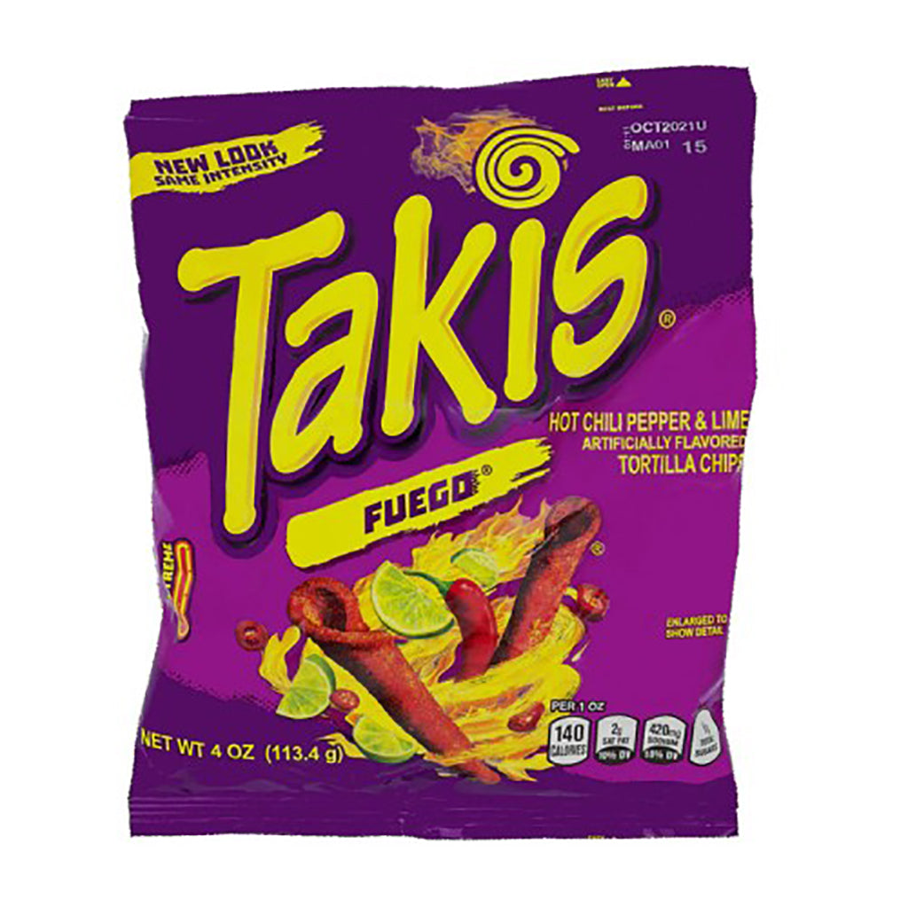 Takis Fuego hot chili pepper and lime flavored tortilla chips 113.4g package with purple branding and nutritional information.